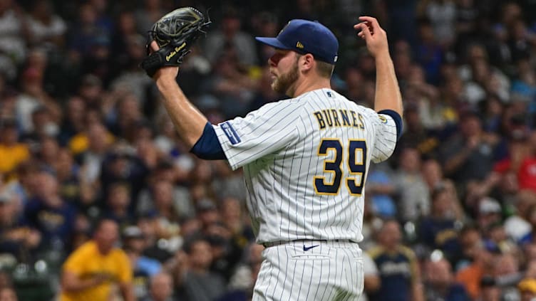 Sep 16, 2023; Milwaukee, Wisconsin, USA; Milwaukee Brewers pitcher Corbin Burnes (39) reacts after