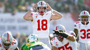 Ohio State Buckeyes quarterback Will Howard motions at the line of scrimmage during the College Football Playoff quarterfinal against the Oregon Ducks.