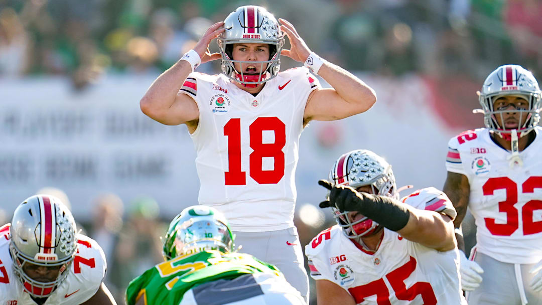 Ohio State Buckeyes quarterback Will Howard (18) motions at the line of scrimmage during the College Football Playoff quarterfinal against the Oregon Ducks at the Rose Bowl in Pasadena, Calif. on Jan. 1, 2025. Ohio State won 41-21.