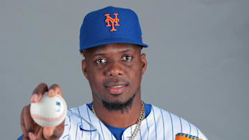 Feb 20, 2025; Port St. Lucie, FL, USA; New York Mets relief pitcher Huascar Brazoban (43) poses for a photo during picture day at Clover Park. Mandatory Credit: Sam Navarro-Imagn Images