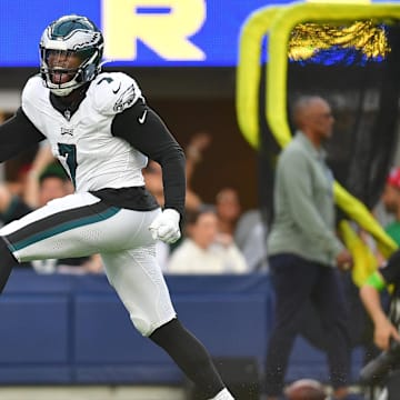 Oct 8, 2023; Inglewood, California, USA; Philadelphia Eagles linebacker Haason Reddick (7) celebrates after sacking Los Angeles Rams quarterback Matthew Stafford (9) during the second half at SoFi Stadium. 