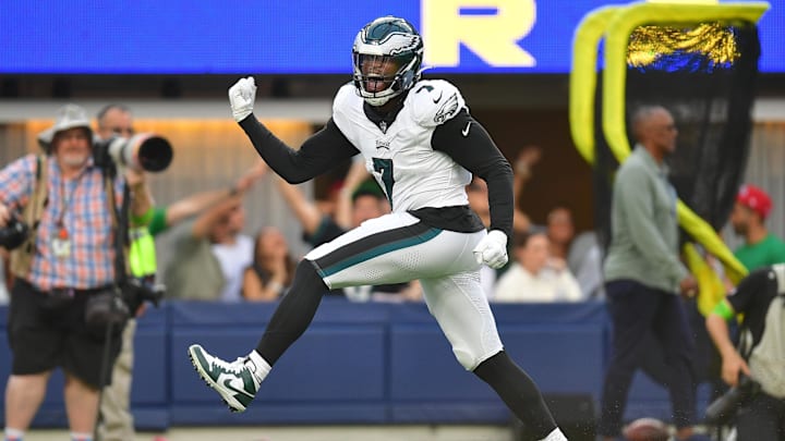 Oct 8, 2023; Inglewood, California, USA; Philadelphia Eagles linebacker Haason Reddick (7) celebrates after sacking Los Angeles Rams quarterback Matthew Stafford (9) during the second half at SoFi Stadium. 