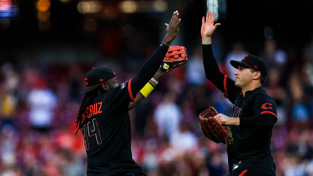 Aug 14, 2026; Cincinnati, Ohio, USA; Cincinnati Reds outfielder JJ Bleday (22) high fives shortstop Elly De La Cruz (44) after the victory over the Miami Marlins at Great American Ball Park. Mandatory Credit: Katie Stratman-Imagn Images Aug 14, 2026; Cincinnati, Ohio, USA; Cincinnati Reds outfielder JJ Bleday (22) high fives shortstop Elly De La Cruz (44) after the victory over the Miami Marlins at Great American Ball Park. Mandatory Credit: Katie Stratman-Imagn Images