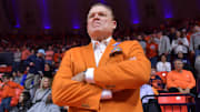 Feb 2, 2025; Champaign, Illinois, USA; Illinois Fighting Illini head coach Brad Underwood before the start of a game against the Ohio State Buckeyes at State Farm Center. Mandatory Credit: Ron Johnson-Imagn Images