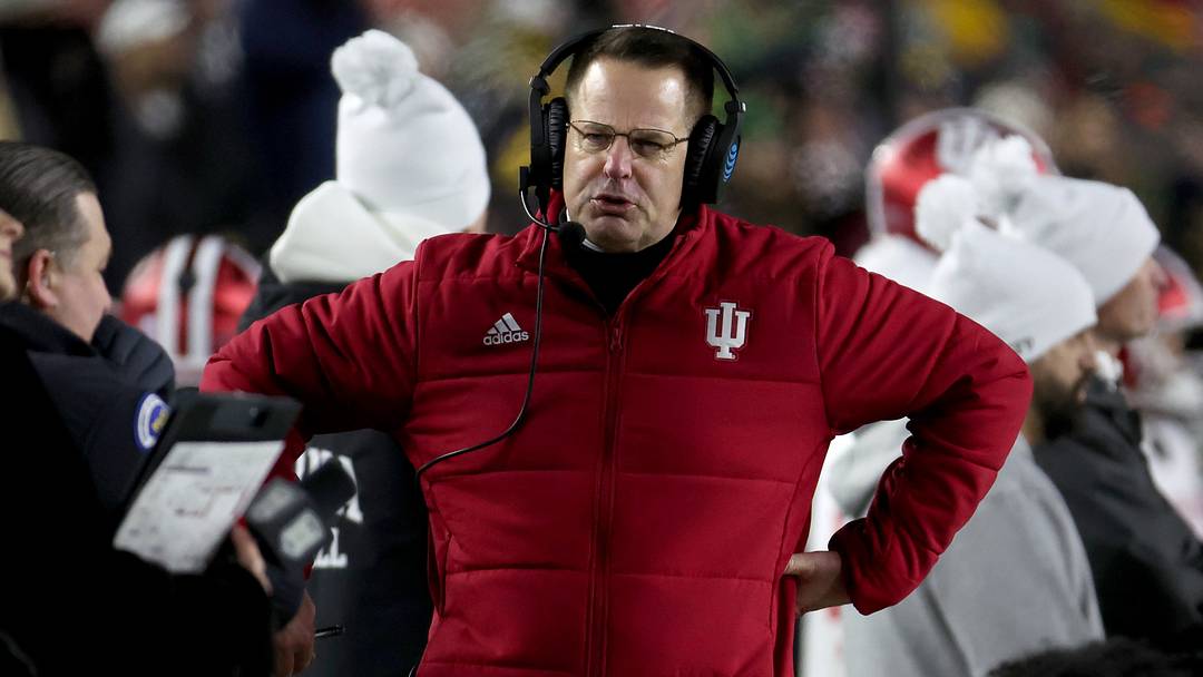 Dec 20, 2024; Notre Dame, Indiana, USA; Indiana Hoosiers head coach Curt Cignetti during the first half against the Notre Dame Fighting Irish at Notre Dame Stadium. 