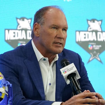 Jul 9, 2025; Frisco, TX, USA; Kansas head coach Lance Leipold speaks with the media during 2025 Big 12 Football Media Days at The Star. Mandatory Credit: Raymond Carlin III-Imagn Images