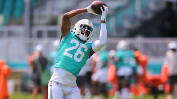 Miami Dolphins safety Ifeatu Melifonwu (26) catches the football during mandatory minicamp at Hard Rock Stadium.