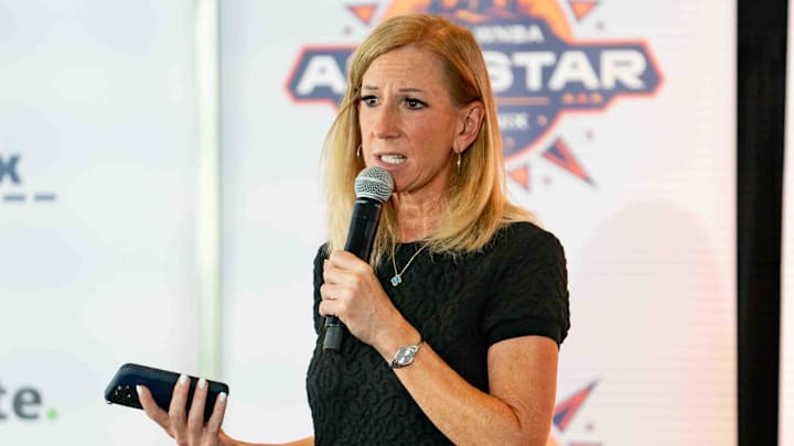 WNBA commissioner Cathy Engelbert speaks during an event in Phoenix in July.