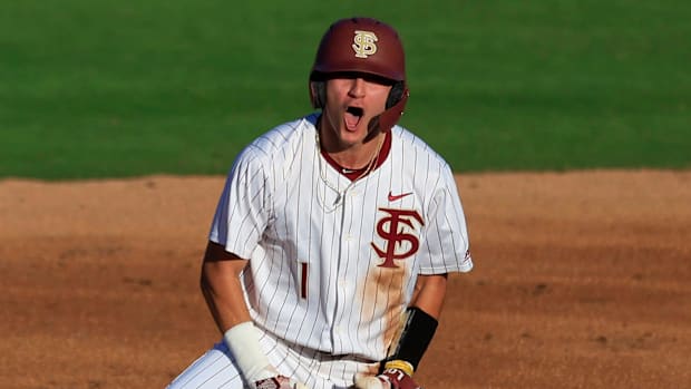 Florida St. infielder Alex Lodise (1) reacts to his double at second base 