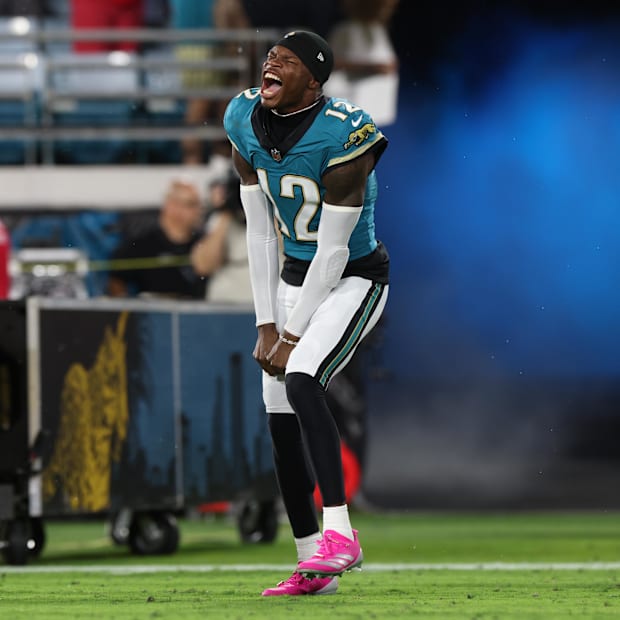 Oct 6, 2025; Jacksonville, Florida, USA;  Jacksonville Jaguars wide receiver Travis Hunter (12) is introduced before a game a
