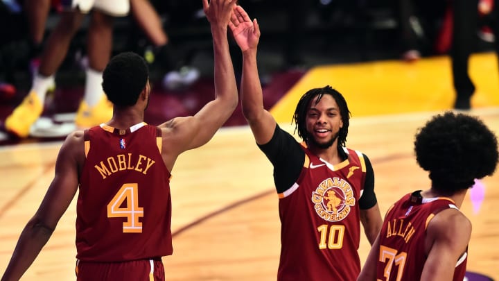 Feb 19, 2022; Cleveland, OH, USA; Team Cavs player Darius Garland (10) and player Evan Mobley (4) and player Jarrett Allen (31) celebrate after a play in the Taco Bell Skills Challenge against Team Rooks and Team Antetokounmpo during the 2022 NBA All-Star Saturday Night at Rocket Mortgage Field House. Mandatory Credit: Ken Blaze-USA TODAY Sports