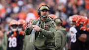 Nov 2, 2025; Cincinnati, Ohio, USA; Cincinnati Bengals head coach Zac Taylor calls for a timeout against the Chicago Bears during the second quarter at Paycor Stadium. Mandatory Credit: Katie Stratman-Imagn Images