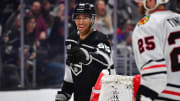 Apr 18, 2024; Los Angeles, California, USA; Los Angeles Kings right wing Quinton Byfield (55) celebrates his power play goal scored against the Chicago Blackhawks during the second period at Crypto.com Arena. Mandatory Credit: Gary A. Vasquez-USA TODAY Sports