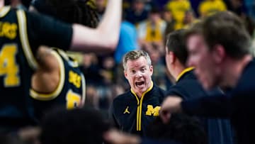 Michigan Wolverines head coach Dusty May reacts to a play during the second half of the Fort Myers Tip-Off Beach Division semifinal against the Virginia Tech Hokies at Suncoast Credit Union Arena in Fort Myers, Fla., on Monday, Nov. 25, 2024.