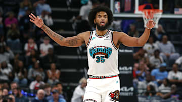 Apr 13, 2025; Memphis, Tennessee, USA; Memphis Grizzlies forward Marvin Bagley III (35) reacts during the third quarter against the Dallas Mavericks at FedExForum. Mandatory Credit: Petre Thomas-Imagn Images