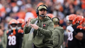 Nov 2, 2025; Cincinnati, Ohio, USA; Cincinnati Bengals head coach Zac Taylor calls for a timeout against the Chicago Bears during the second quarter at Paycor Stadium. Mandatory Credit: Katie Stratman-Imagn Images