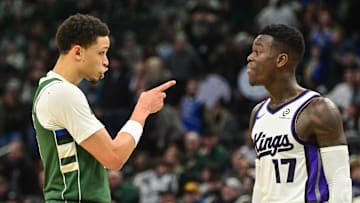 Milwaukee Bucks guard Ryan Rollins gestures toward Sacramento Kings guard Dennis Schroder in the first quarter at Fiserv Forum on November 1.