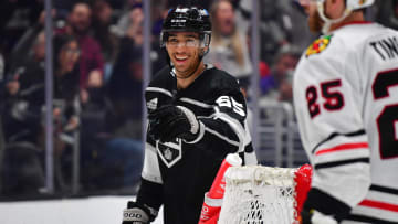 Apr 18, 2024; Los Angeles, California, USA; Los Angeles Kings right wing Quinton Byfield (55) celebrates his power play goal scored against the Chicago Blackhawks during the second period at Crypto.com Arena. Mandatory Credit: Gary A. Vasquez-USA TODAY Sports