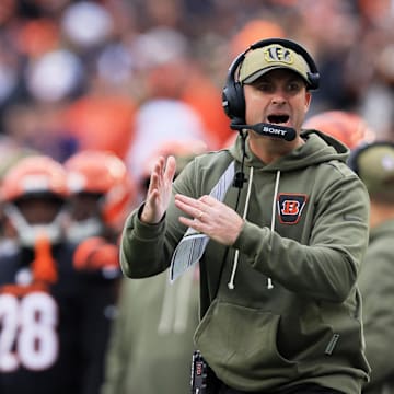 Nov 2, 2025; Cincinnati, Ohio, USA; Cincinnati Bengals head coach Zac Taylor calls for a timeout against the Chicago Bears during the second quarter at Paycor Stadium. Mandatory Credit: Katie Stratman-Imagn Images