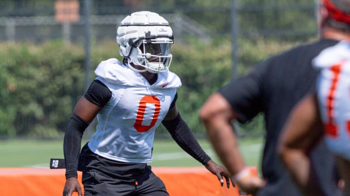 Kobe Hylton (0) runs drills during an Oklahoma State football practice in Stillwater, Okla., on Wednesday, July 31, 2024.