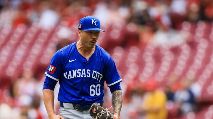 Kansas City Royals relief pitcher Lucas Erceg (60) reacts after a play in the seventh inning against the Cincinnati Reds at Great American Ball Park on Aug 18.