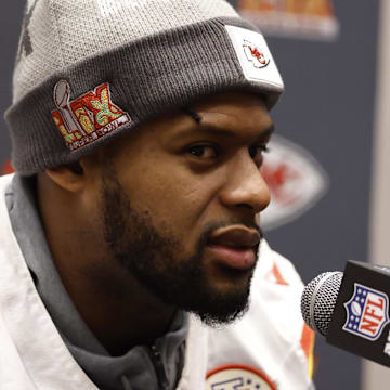 Feb 6, 2025; New Orleans, LA, USA;  Kansas City Chiefs wide receiver JuJu Smith-Schuster (9) during a press conference in advance of Super Bowl LIX at New Orleans Marriott. Mandatory Credit: Stephen Lew-Imagn Images