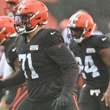 Aug 17, 2020; Berea, Ohio, USA;  Cleveland Browns offensive tackle Jedrick Wills Jr. (71) works on his footwork during training camp at the Cleveland Browns training facility.