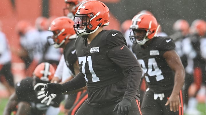 Aug 17, 2020; Berea, Ohio, USA;  Cleveland Browns offensive tackle Jedrick Wills Jr. (71) works on his footwork during training camp at the Cleveland Browns training facility.