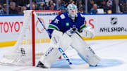 Feb 4, 2025; Vancouver, British Columbia, CAN; Vancouver Canucks goalie Thatcher Demko (35) in the net against the Colorado Avalanche in the third period at Rogers Arena. Mandatory Credit: Bob Frid-Imagn Images