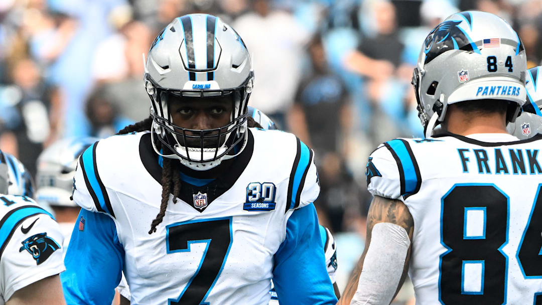 Sep 15, 2024; Charlotte, North Carolina, USA; Carolina Panthers linebacker Jadeveon Clowney (7) and tight end Feleipe Franks (84) before the game at Bank of America Stadium. Mandatory Credit: Bob Donnan-Imagn Images