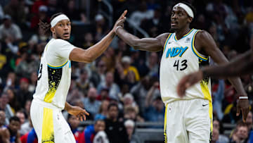 Jan 29, 2025; Indianapolis, Indiana, USA; Indiana Pacers center Myles Turner (33) high fives forward Pascal Siakam (43) in the first half against the Detroit Pistons at Gainbridge Fieldhouse. Mandatory Credit: Trevor Ruszkowski-Imagn Images