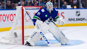Feb 4, 2025; Vancouver, British Columbia, CAN; Vancouver Canucks goalie Thatcher Demko (35) in the net against the Colorado Avalanche in the third period at Rogers Arena. Mandatory Credit: Bob Frid-Imagn Images