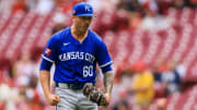 Aug 18, 2024; Cincinnati, Ohio, USA; Kansas City Royals relief pitcher Lucas Erceg (60) reacts after a play in the seventh inning against the Cincinnati Reds at Great American Ball Park. Mandatory Credit: Katie Stratman-USA TODAY Sports