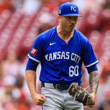 Aug 18, 2024; Cincinnati, Ohio, USA; Kansas City Royals relief pitcher Lucas Erceg (60) reacts after a play in the seventh inning against the Cincinnati Reds at Great American Ball Park. Mandatory Credit: Katie Stratman-USA TODAY Sports