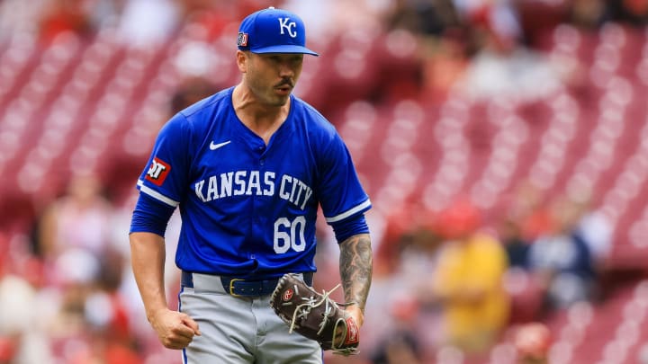 Aug 18, 2024; Cincinnati, Ohio, USA; Kansas City Royals relief pitcher Lucas Erceg (60) reacts after a play in the seventh inning against the Cincinnati Reds at Great American Ball Park. Mandatory Credit: Katie Stratman-USA TODAY Sports