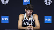 Sep 23, 2025; Brooklyn, NY, USA;  Brooklyn Nets guard Ben Saraf (77) speaks at Media Day. Mandatory Credit: Wendell Cruz-Imagn Images