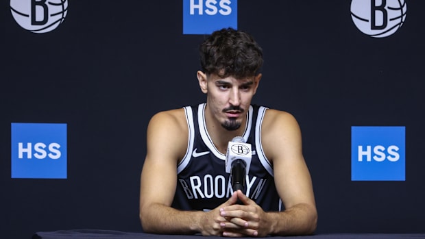 Brooklyn Nets guard Ben Saraf (77) speaks at Media Day. Mandatory Credit: Wendell Cruz-Imagn Images