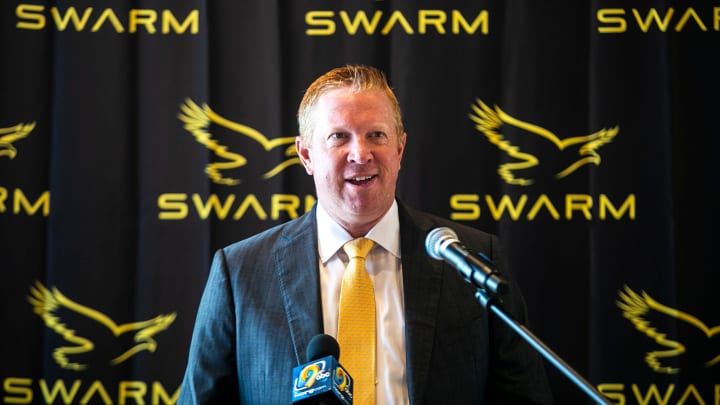 Brad Heinrichs, CEO of the Swarm Collective, speaks during a news conference, Tuesday, July 19, 2022, at the Courtyard by Marriott in University Heights, Iowa.

220719 Swarm Presser 007 Jpg