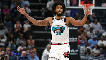 Apr 13, 2025; Memphis, Tennessee, USA; Memphis Grizzlies forward Marvin Bagley III (35) reacts during the third quarter against the Dallas Mavericks at FedExForum. Mandatory Credit: Petre Thomas-Imagn Images