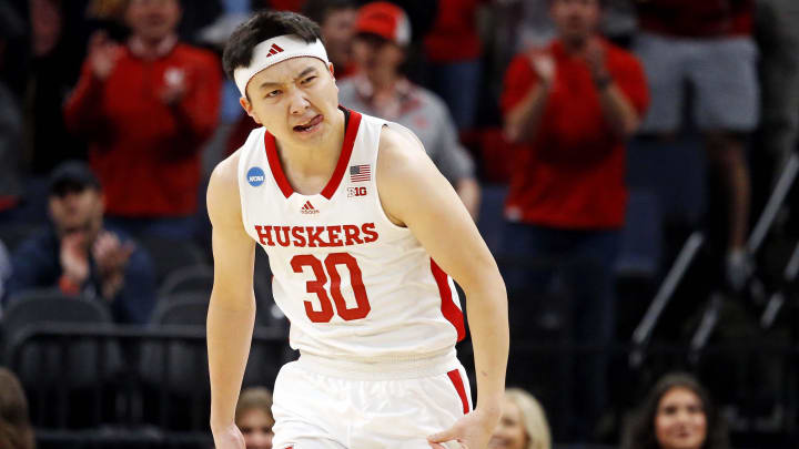 Mar 22, 2024; Memphis, TN, USA;  Nebraska Cornhuskers guard Keisei Tominaga (30) reacts after a play during the first half of the game against the Texas A&M Aggies in the first round of the 2024 NCAA Tournament at FedExForum. 