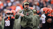 Nov 2, 2025; Cincinnati, Ohio, USA; Cincinnati Bengals head coach Zac Taylor calls for a timeout against the Chicago Bears during the second quarter at Paycor Stadium. Mandatory Credit: Katie Stratman-Imagn Images