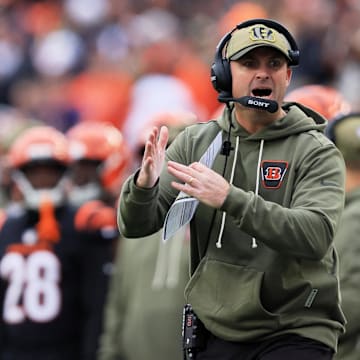 Nov 2, 2025; Cincinnati, Ohio, USA; Cincinnati Bengals head coach Zac Taylor calls for a timeout against the Chicago Bears during the second quarter at Paycor Stadium. Mandatory Credit: Katie Stratman-Imagn Images