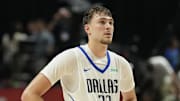 Jul 10, 2025; Las Vegas, NV, USA; Dallas Mavericks forward Cooper Flagg (32) looks on against the Los Angeles Lakers in the third quarter of their game at Thomas & Mack Center. Mandatory Credit: Candice Ward-Imagn Images