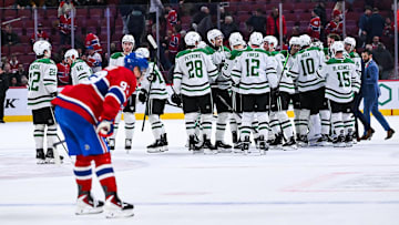 Nov 13, 2025; Montreal, Quebec, CAN; Dallas Stars players gather together to celebrate their win against the Montreal Canadiens after the third period at Bell Centre. Mandatory Credit: David Kirouac-Imagn Images