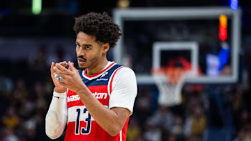 Apr 8, 2025; Indianapolis, Indiana, USA; Washington Wizards guard Jordan Poole (13) in the first half against the Indiana Pacers at Gainbridge Fieldhouse. Mandatory Credit: Trevor Ruszkowski-Imagn Images