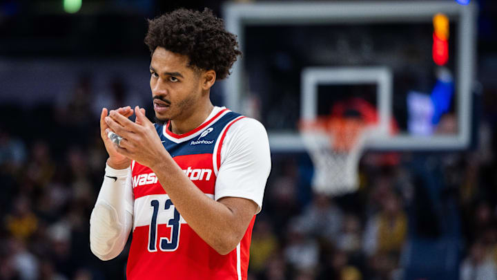 Apr 8, 2025; Indianapolis, Indiana, USA; Washington Wizards guard Jordan Poole (13) in the first half against the Indiana Pacers at Gainbridge Fieldhouse. Mandatory Credit: Trevor Ruszkowski-Imagn Images