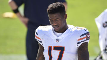 Oct 18, 2020; Charlotte, North Carolina, USA; Chicago Bears wide receiver Anthony Miller (17) on the sidelines in the third quarter at Bank of America Stadium. Mandatory Credit: Bob Donnan-USA TODAY Sports