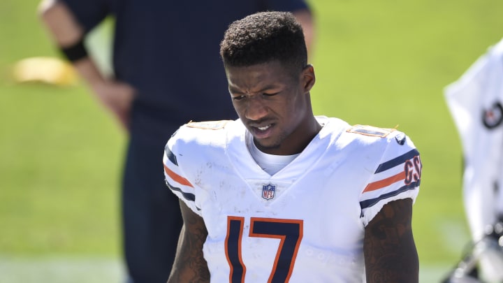 Oct 18, 2020; Charlotte, North Carolina, USA; Chicago Bears wide receiver Anthony Miller (17) on the sidelines in the third quarter at Bank of America Stadium. Mandatory Credit: Bob Donnan-USA TODAY Sports