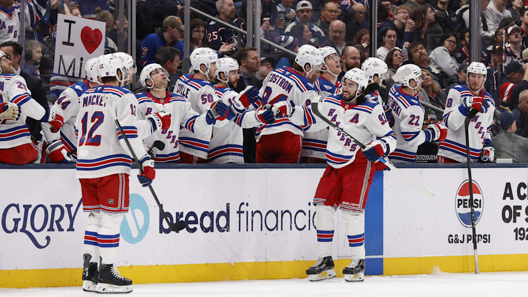 Mar 19, 2026; Columbus, Ohio, USA; New York Rangers center Mika Zibanejad (93) celebrates his goal against the Columbus Blue Jackets during the second period at Nationwide Arena. Mandatory Credit: Russell LaBounty-Imagn Images