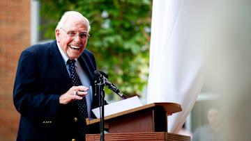 Former SEC commissioner Roy Kramer speaks during a dedication ceremony of the Doug Dickey Hall of Fame Plaza at the Neyland-Thompson Sports Complex in Knoxville, Tennessee on Friday, October 4, 2019. Dickey led UT to its second SEC title in 1969 and served as the Vols' Director of Athletics from 1986 to 2003.

Doug Dickey